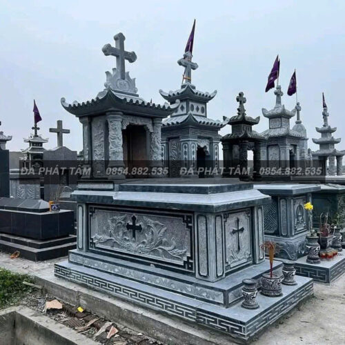 Mộ công giáo 1 mái đá xanh đen - Chuẩn phong thuỷ - PT176