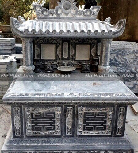 Mộ Đôi Một Mái Đá Xanh Đen Chữ Phúc Khắc Nổi Bật – Chuẩn Phong Thuỷ – PT248