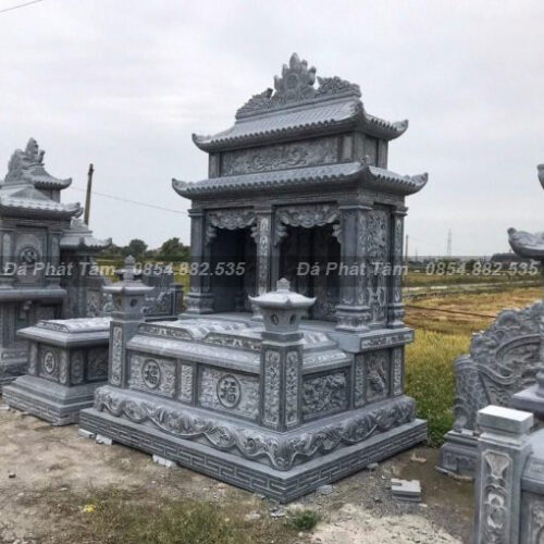 Mộ đôi hai mái đá xanh đen tự nhiên nguyên khối - Chuẩn Phong Thuỷ – PT319